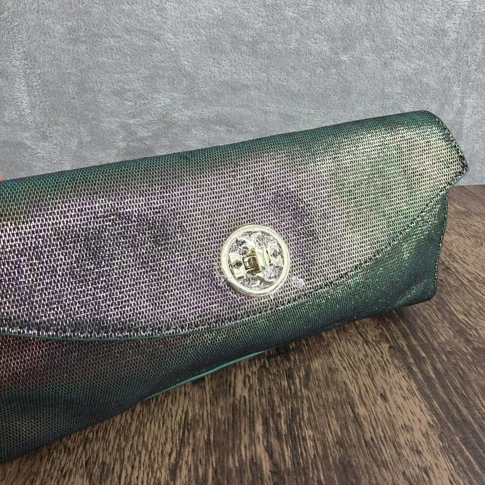 Tory Burch Austin Flap Clutch Bag Green Purple Iridescent Metallic Galaxy Cyber
